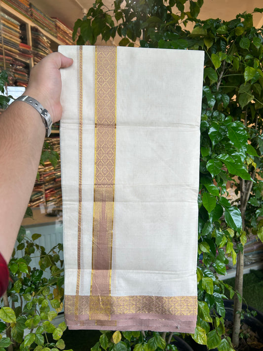 20% Discount ! KaithariKada Balaramapuram 100% Pure Cotton Double Off White (Unbleached) Mundu/Dhoti - 100x80 - 1.25 inch Puliyilakkara Gold Kasav & Peach Brown Jacquard Design Chutty kara (8.5 Muzham) - 16 KK5327 CJT