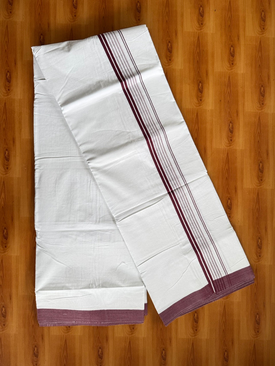 Pure White Double Mundu/Dhoti - 14% Discount ! Kaitharikada Pulimood 100% Cotton  - (40X40) - 1 inch Purple Wine Striped Kara 4 mtr (8.5 muzham) - 2 KK5549 SKM