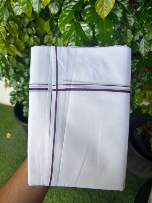20% Discount ! Kaitharikada Balaramapuram 100% Cotton PURE WHITE Double Mundu/Dothi - 100x100 - 0.5 cm Wine Purple thin Kara - 57KK5217 CKS