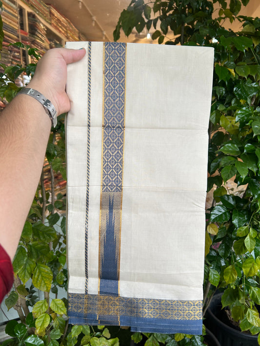 20% Discount ! KaithariKada Balaramapuram 100% Pure Cotton Double Off White (Unbleached) Mundu/Dhoti - 100x80 - 1.25 inch Puliyilakkara Gold Kasav & Blue Jacquard Design Chutty kara (8.5 Muzham) - 11 KK5327 CJT