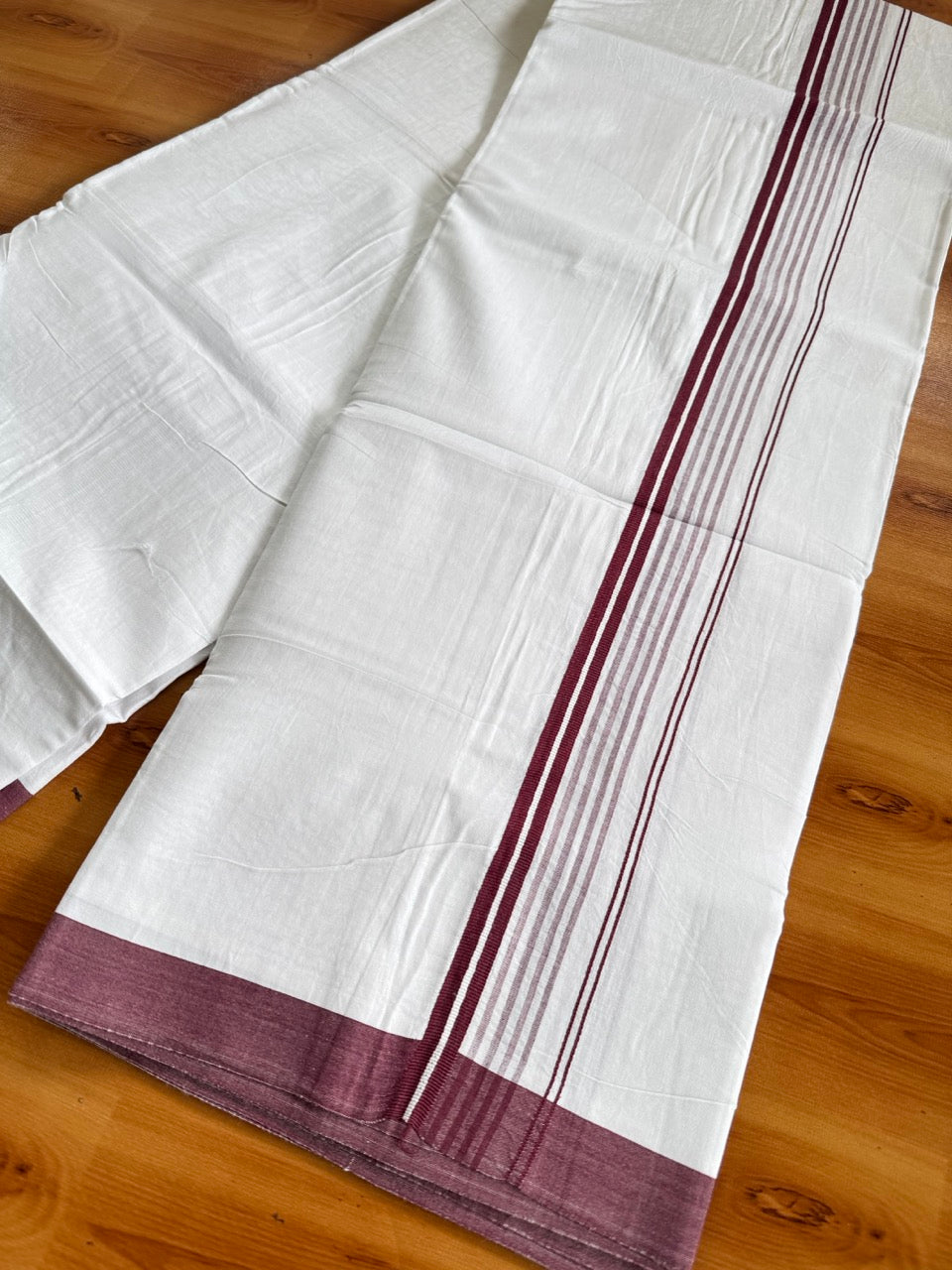 Pure White Double Mundu/Dhoti - 14% Discount ! Kaitharikada Pulimood 100% Cotton  - (40X40) - 1 inch Purple Wine Striped Kara 4 mtr (8.5 muzham) - 2 KK5549 SKM