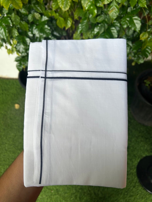 20% Discount ! Kaitharikada Balaramapuram 100% Cotton PURE WHITE Double Mundu/Dothi - 100x100 - 0.5 cm Navy Blue thin Kara - 56KK5217 CKS