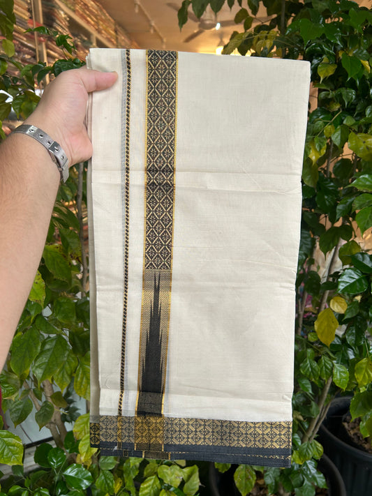 20% Discount ! KaithariKada Balaramapuram 100% Pure Cotton Double Off White (Unbleached) Mundu/Dhoti - 100x80 - 1.25 inch Puliyilakkara Gold Kasav & Black Jacquard Design Chutty kara (8.5 Muzham) - 14 KK5327 CJT