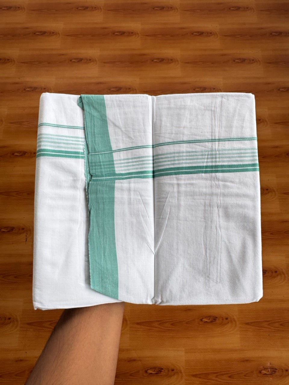 Pure White Double Mundu/Dhoti - 14% Discount ! Kaitharikada Pulimood 100% Cotton  - (40X40) - 1 inch Green Teal Striped Kara 4 mtr (8.5 muzham) - 3 KK5549 SKM