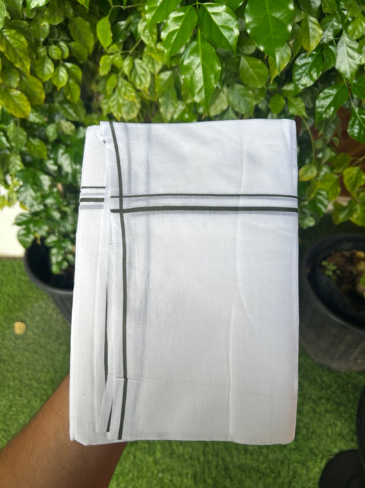 20% Discount ! Kaitharikada Balaramapuram 100% Cotton PURE WHITE Double Mundu/Dothi - 100x100 - 0.5 cm Dark Olive Green thin Kara - 55KK5217 CKS