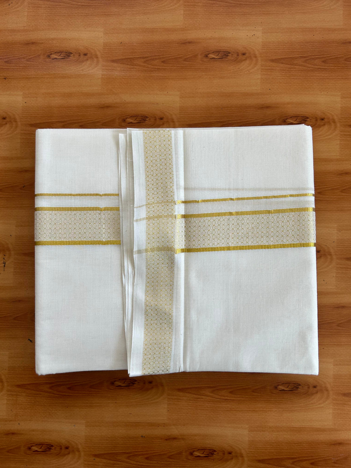 Double Off White (Unbleached) Mund/Dhoti - 20% Discount! KaithariKada Pulimood - Pure Cotton - 80s - 1.5 inch Gold Kasav Jacquard Design Kara 4 mtr (8.5 Muzham) - 6 KK5543 GAN