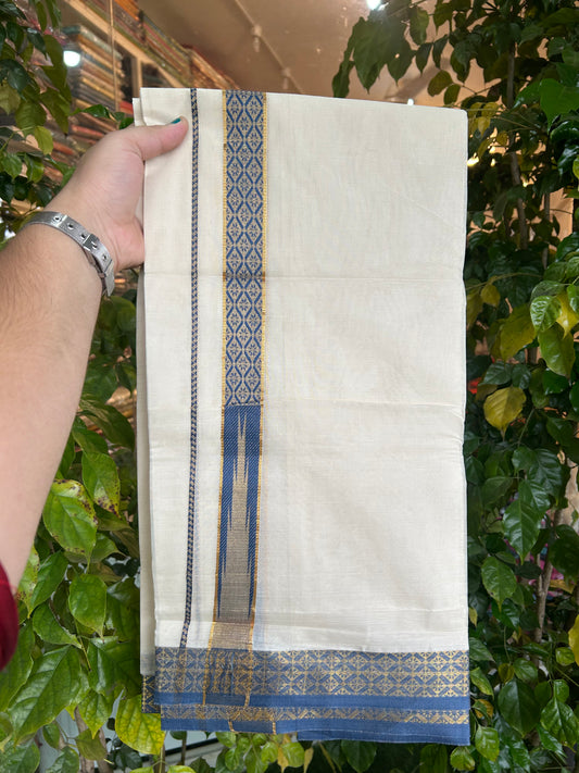 20% Discount ! KaithariKada Balaramapuram 100% Pure Cotton Double Off White (Unbleached) Mundu/Dhoti - 100x80 - 1.25 inch Puliyilakkara Gold Kasav & Blue Jacquard Design Chutty kara (8.5 Muzham) - 13 KK5327 CJT