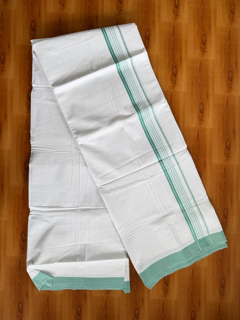 Pure White Double Mundu/Dhoti - 14% Discount ! Kaitharikada Pulimood 100% Cotton  - (40X40) - 1 inch Green Teal Striped Kara 4 mtr (8.5 muzham) - 3 KK5549 SKM
