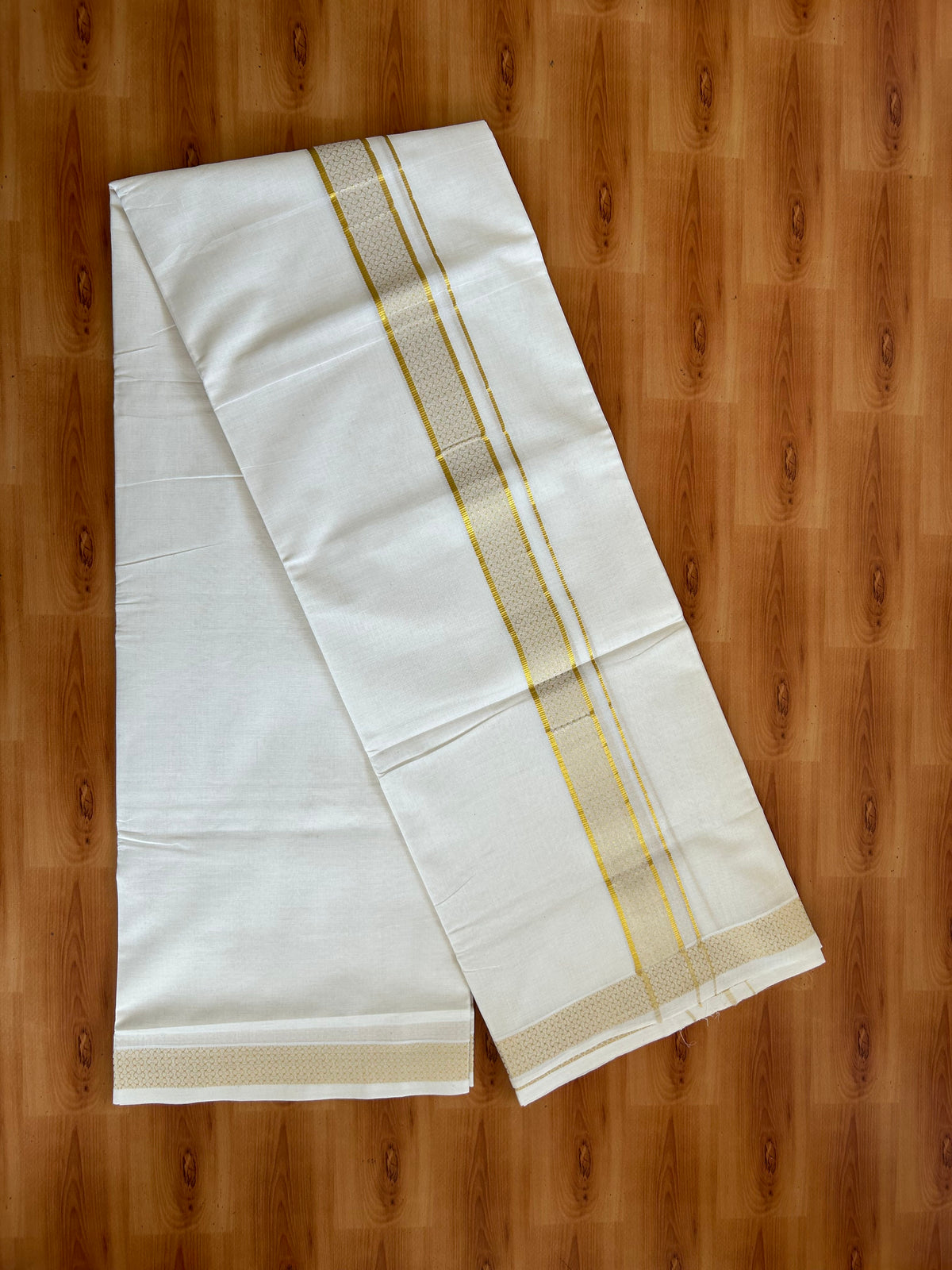 Double Off White (Unbleached) Mund/Dhoti - 20% Discount! KaithariKada Pulimood - Pure Cotton - 80s - 1.5 inch Gold Kasav Jacquard Design Kara 4 mtr (8.5 Muzham) - 6 KK5543 GAN