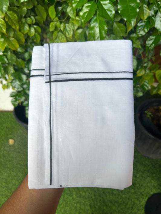 20% Discount ! Kaitharikada Balaramapuram 100% Cotton PURE WHITE Double Mundu/Dothi - 100x100 - 0.5 cm Black thin Kara - 54KK5217 CKS