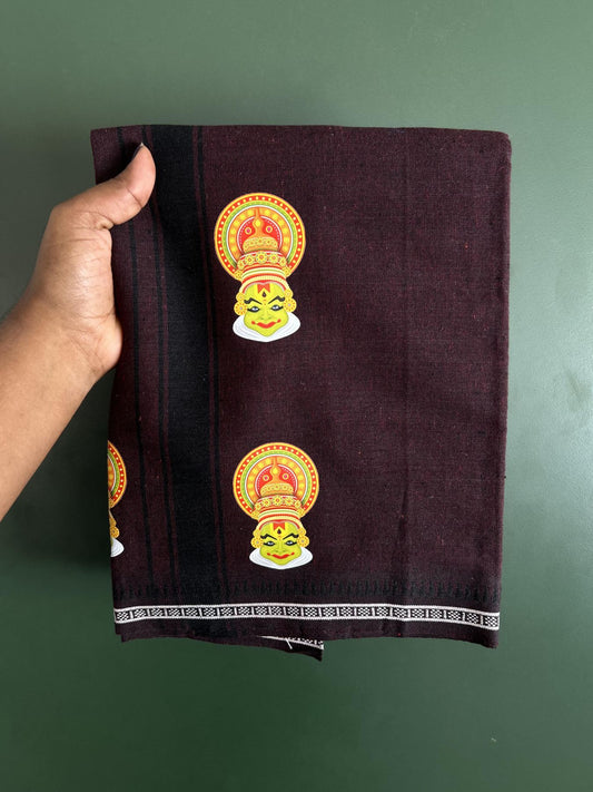 Single Kaily / Lungi - Mixed Cotton - 40s twisted - Kathakali Design Printed Kuppadam 1.75 inch Black Stripes Kara with Dark Brown Colour Body (2 meter / 4 muzham) - 40 KK5423 GAN