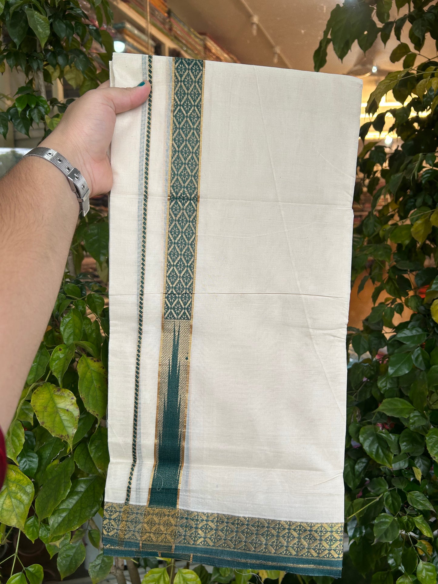 20% Discount ! KaithariKada Balaramapuram 100% Pure Cotton Double Off White (Unbleached) Mundu/Dhoti - 100x80 - 1.25 inch Puliyilakkara Gold Kasav & Peacock Green Jacquard Design Chutty kara (8.5 Muzham) - 15 KK5327 CJT