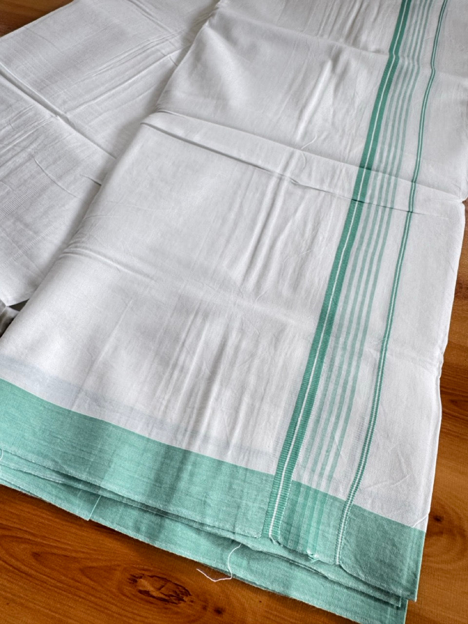 Pure White Double Mundu/Dhoti - 14% Discount ! Kaitharikada Pulimood 100% Cotton  - (40X40) - 1 inch Green Teal Striped Kara 4 mtr (8.5 muzham) - 3 KK5549 SKM