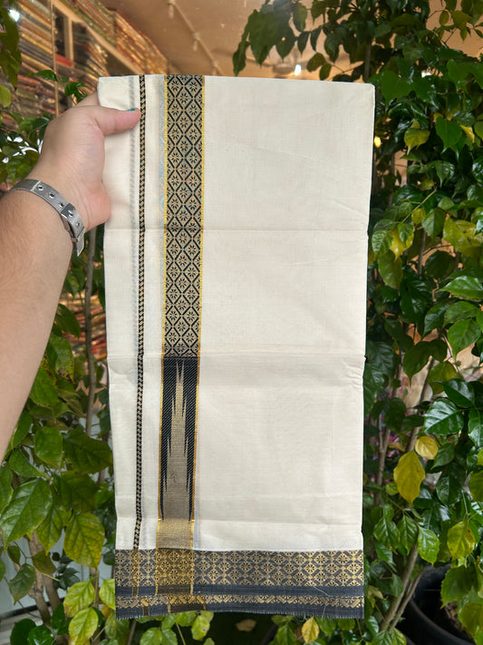 20% Discount ! KaithariKada Balaramapuram 100% Pure Cotton Double Off White (Unbleached) Mundu/Dhoti - 100x80 - 1.25 inch Puliyilakkara Gold Kasav & Black Jacquard Design Chutty kara (8.5 Muzham) - 10 KK5327 CJT