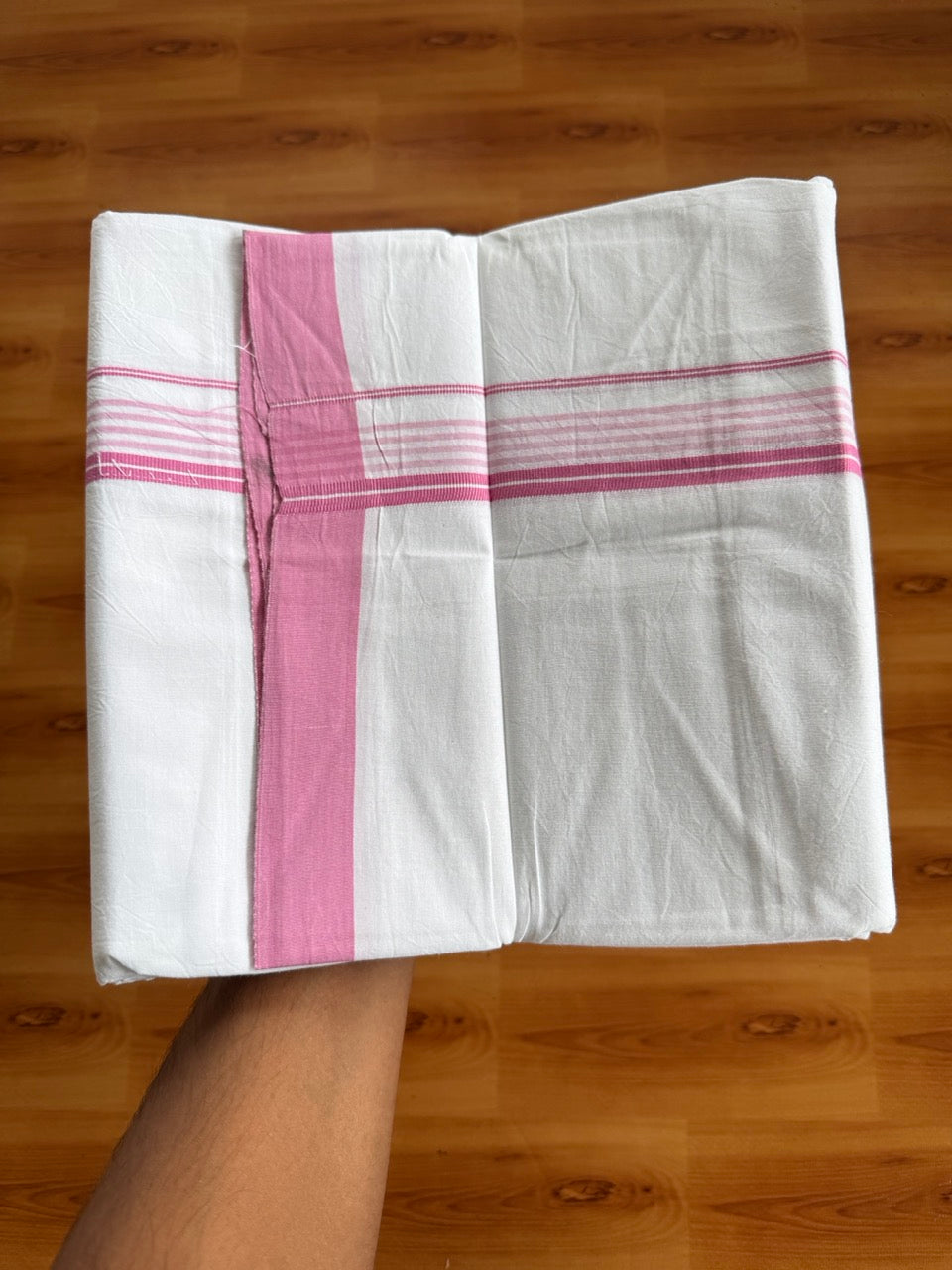 Pure White Double Mundu/Dhoti - 14% Discount ! Kaitharikada Pulimood 100% Cotton  - (40X40) - 1 inch Pink Striped Kara 4 mtr (8.5 muzham) - 4 KK5549 SKM
