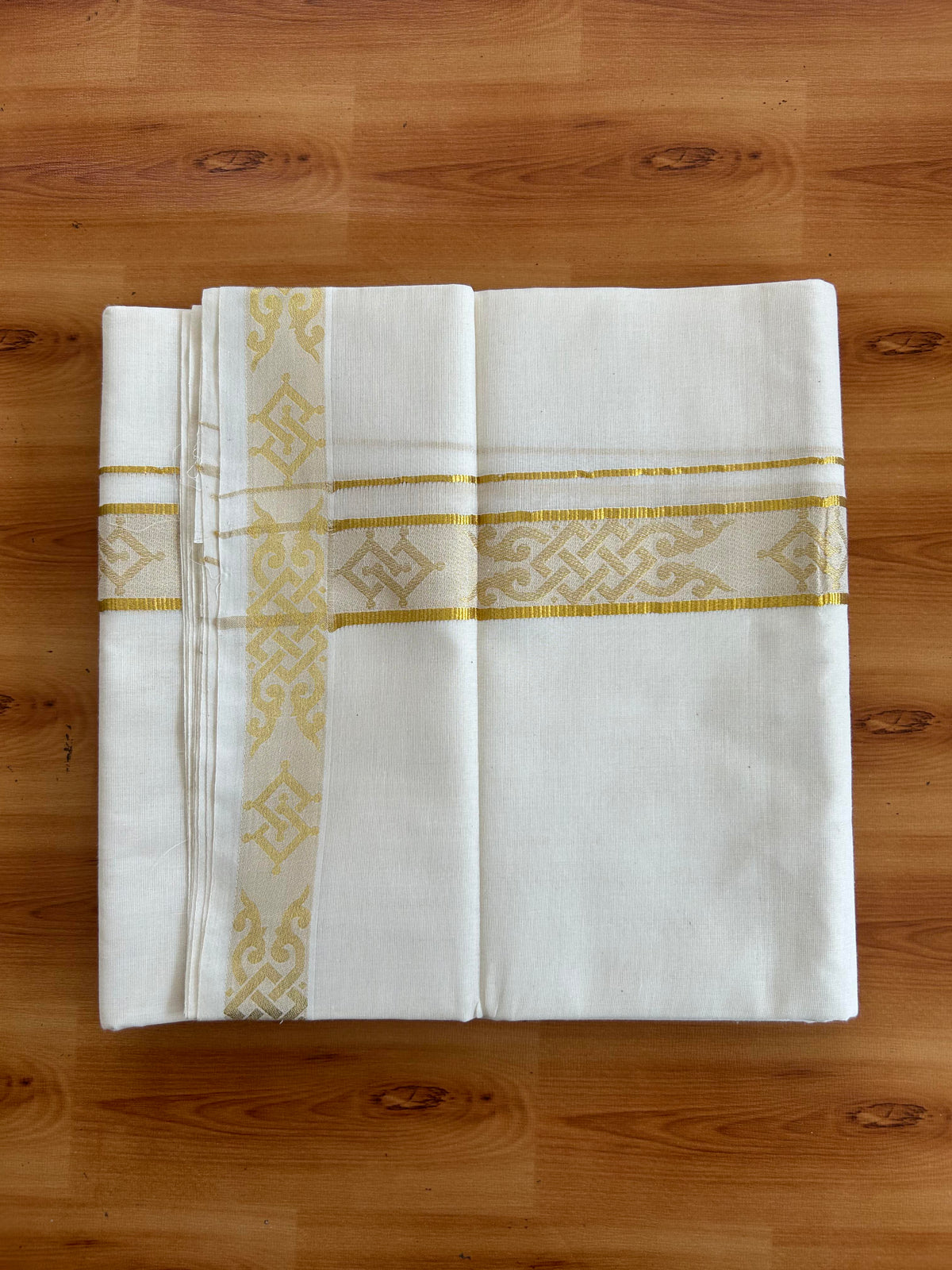 Double Off White (Unbleached) Mund/Dhoti - 20% Discount! KaithariKada Pulimood - Pure Cotton - 80s - 1.5 inch Gold Kasav Jacquard Design Kara 4 mtr (8.5 Muzham) - 5 KK5543 GAN
