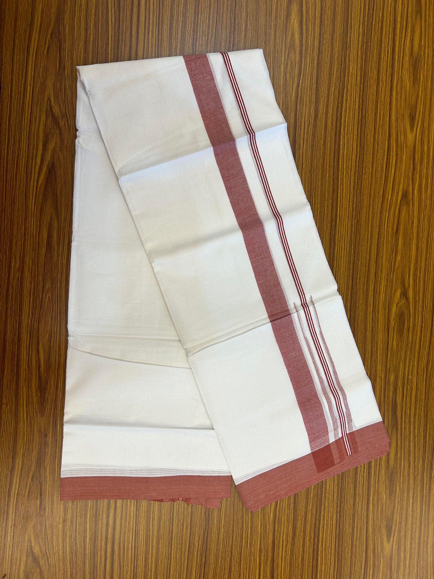 20% Discount! KaithariKada Balaramapuram 100% Cotton Double Pure white Mundu/Dhoti- 60s - 1.25 inch Brick Red Shaded Stripes Chutty Kara - Between3.80-3.95m (8 muzham) - 48 KK5355 CKS