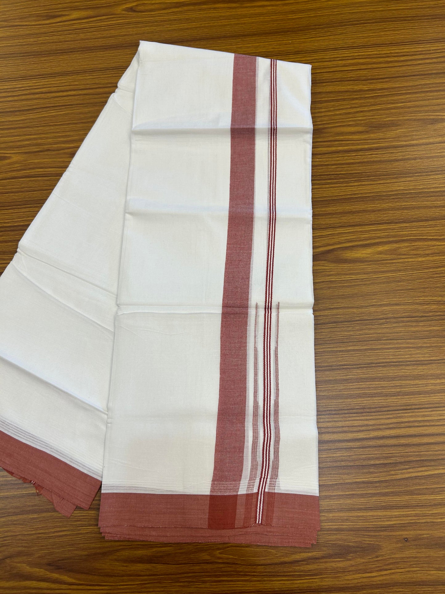 20% Discount! KaithariKada Balaramapuram 100% Cotton Double Pure white Mundu/Dhoti- 60s - 1.25 inch Brick Red Shaded Stripes Chutty Kara - Between3.80-3.95m (8 muzham) - 48 KK5355 CKS