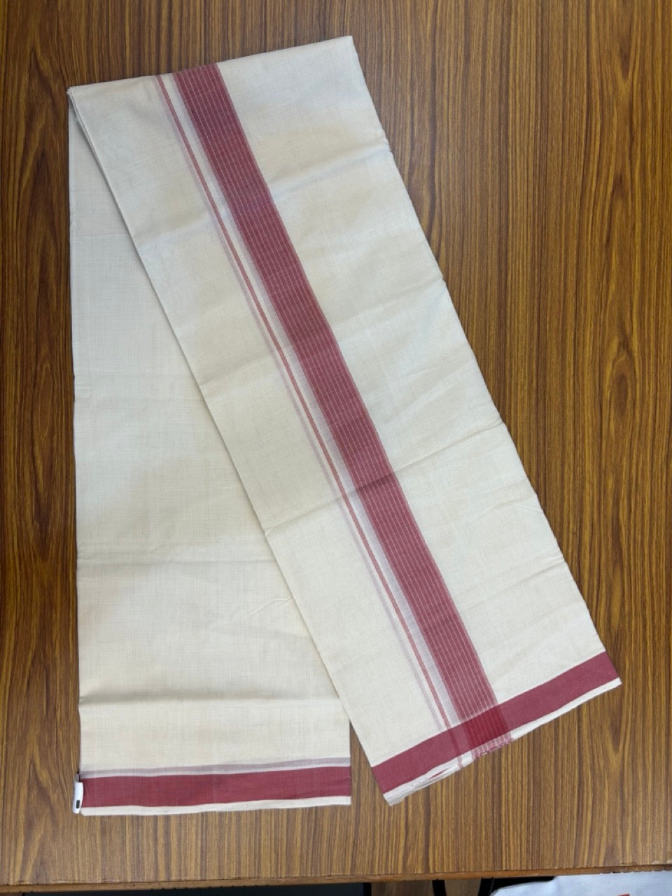 25% Discount KaithariKada Handloom Unakkupaav Balaramapuram - 100% PURE Cotton off white (Unbleached) Double Mundu/Dhoti - 80X90 - 1.5 inch Maroon Shaded Striped Kara 3.80 mtr (8 muzham) - 4 KK5260 ELA