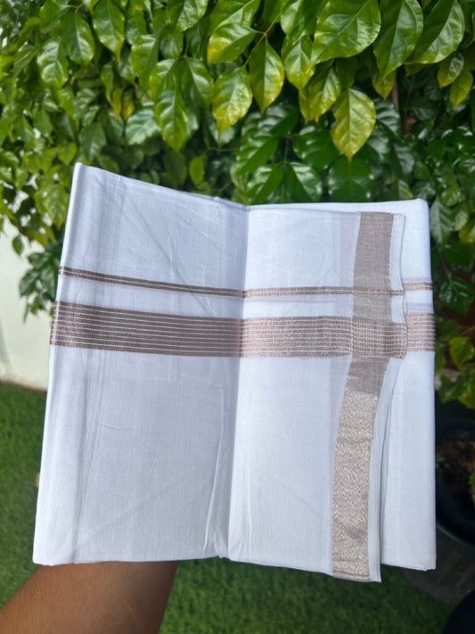 20% Discount ! Kaitharikada Balaramapuram 100% Cotton PURE WHITE Double Mundu/Dothi - 100x90 - 1 inch Pink Silver Kasavu Stripes Kara - 64KK5217 CKS