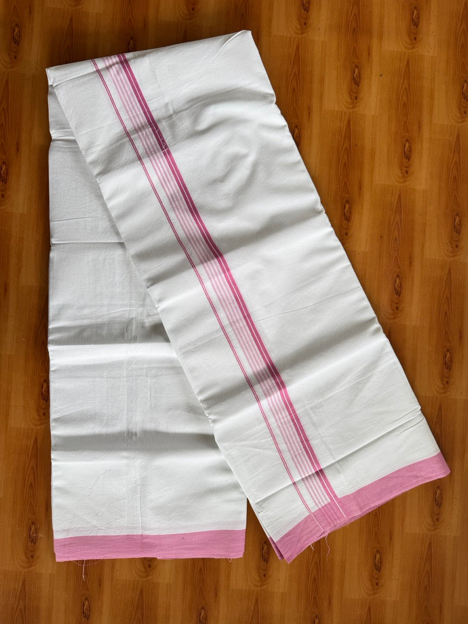Pure White Double Mundu/Dhoti - 14% Discount ! Kaitharikada Pulimood 100% Cotton  - (40X40) - 1 inch Pink Striped Kara 4 mtr (8.5 muzham) - 4 KK5549 SKM