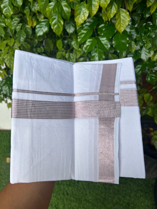 20% Discount ! Kaitharikada Balaramapuram 100% Cotton PURE WHITE Double Mundu/Dothi - 100x90 - 1.25 inch Pink Silver Kasavu Stripes Kara - 65KK5217 CKS