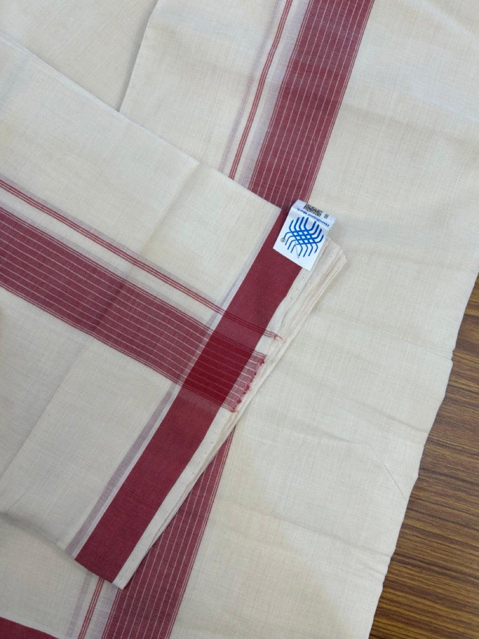25% Discount KaithariKada Handloom Unakkupaav Balaramapuram - 100% PURE Cotton off white (Unbleached) Double Mundu/Dhoti - 80X90 - 1.5 inch Maroon Shaded Striped Kara 3.80 mtr (8 muzham) - 4 KK5260 ELA