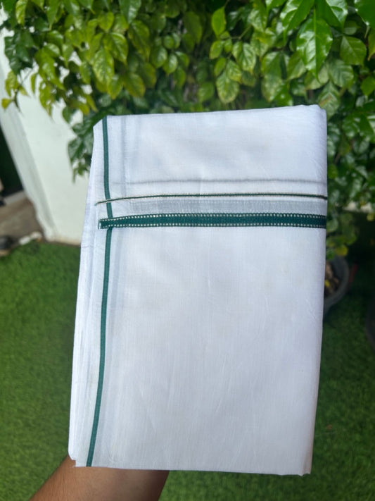 20% Discount ! Kaitharikada Balaramapuram 100% Cotton PURE WHITE Double Mundu/Dothi - 80x90 - 1 cm Dark Green Silver Kasavu Design Kara - 67KK5217 CKS