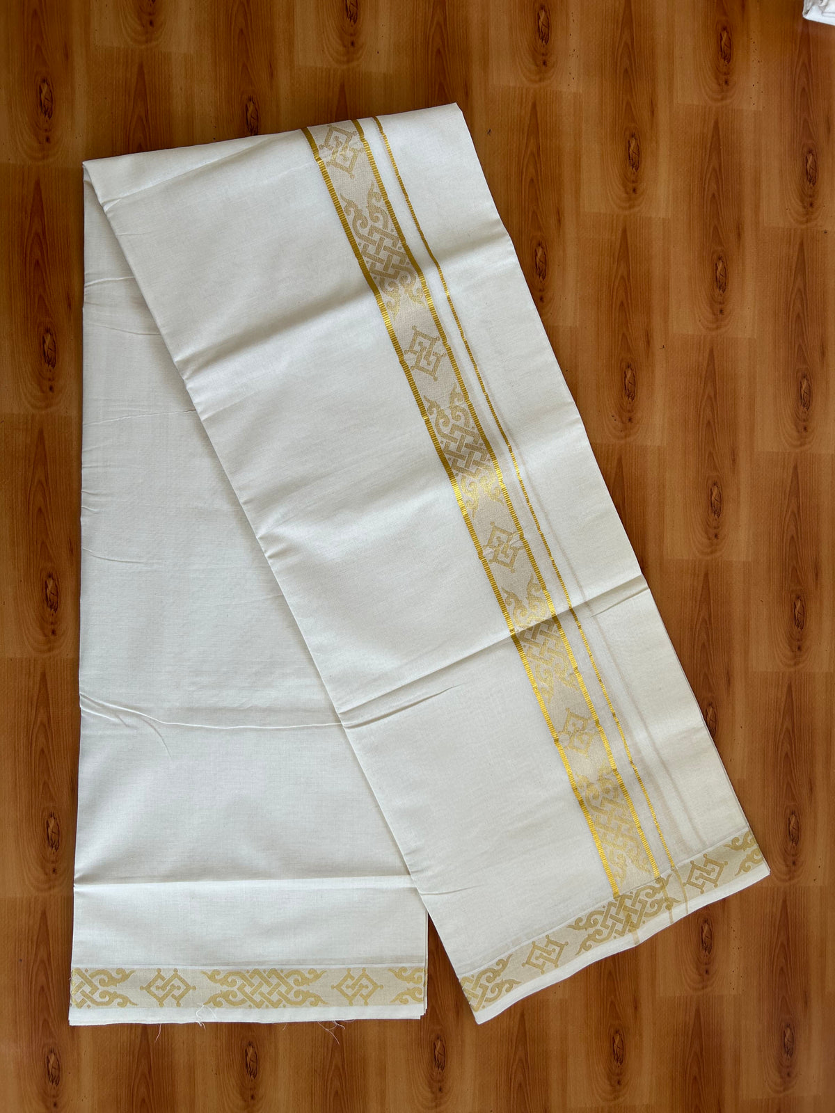 Double Off White (Unbleached) Mund/Dhoti - 20% Discount! KaithariKada Pulimood - Pure Cotton - 80s - 1.5 inch Gold Kasav Jacquard Design Kara 4 mtr (8.5 Muzham) - 5 KK5543 GAN