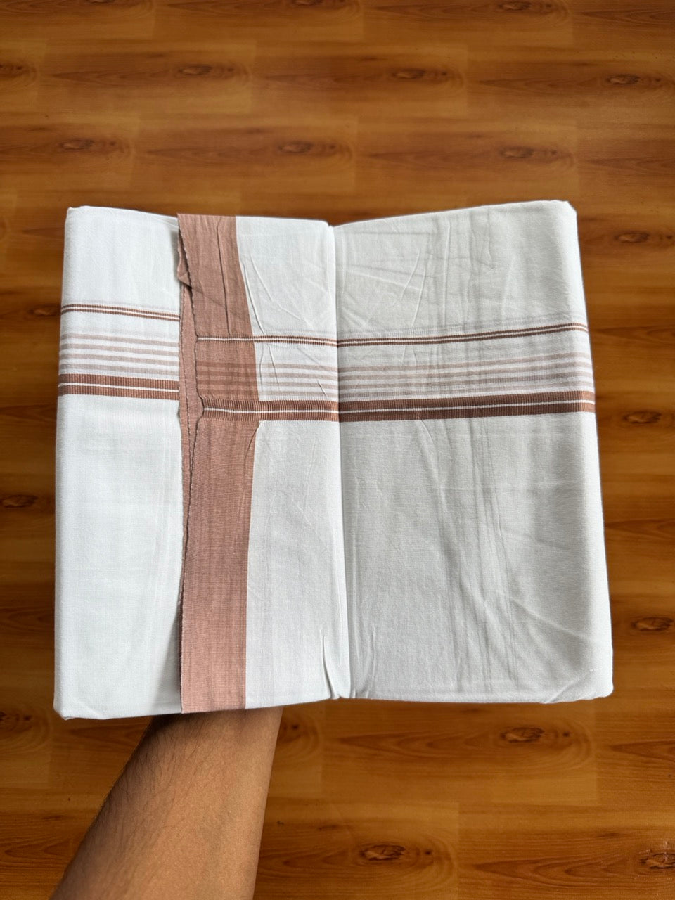 Pure White Double Mundu/Dhoti - 14% Discount ! Kaitharikada Pulimood 100% Cotton  - (40X40) - 1 inch Light Brown Striped Kara 4 mtr (8.5 muzham) - 5 KK5549 SKM