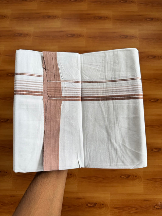 Pure White Double Mundu/Dhoti - 14% Discount ! Kaitharikada Pulimood 100% Cotton  - (40X40) - 1 inch Light Brown Striped Kara 4 mtr (8.5 muzham) - 5 KK5549 SKM