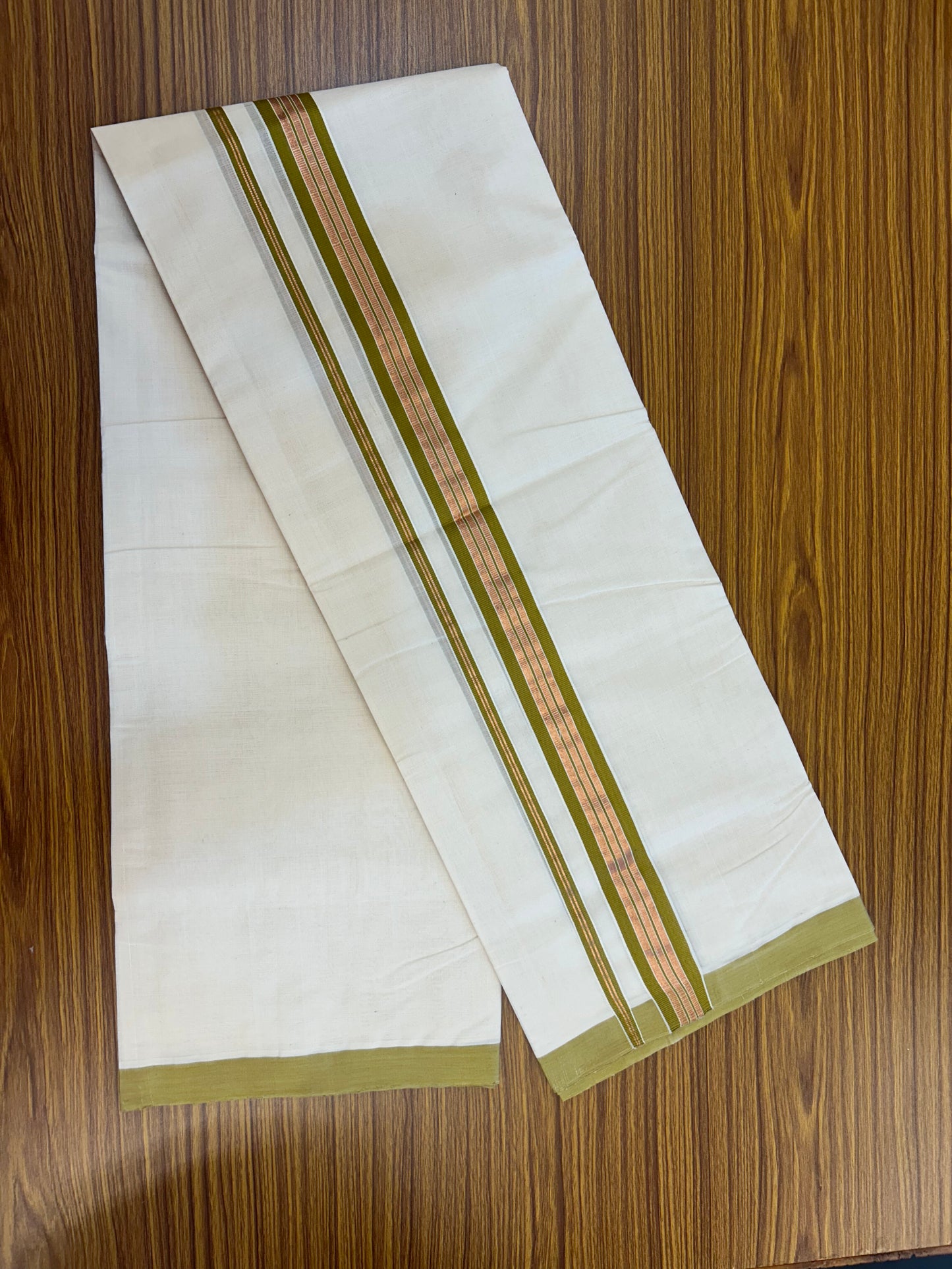 25% Discount ! KaithariKada Handloom Millpaav - Kerala Handloom  - 100% Pure Cotton Off White (Unbleached) Double Mundu/Dothi - 80x90 - 1.5 inch Copper Kasav & Olive Brown Striped Kara 4 Meters (8.5 Muzham) - 2 KK5328 RAM