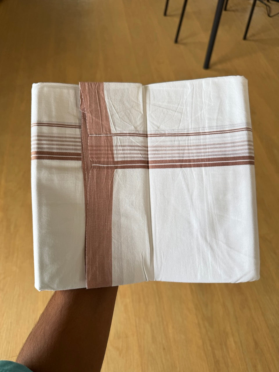 Pure White Double Mundu/Dhoti - 14% Discount ! Kaitharikada Pulimood 100% Cotton  - (40X40) - 1 inch Light Brown Striped Kara 4 mtr (8.5 muzham) - 5 KK5549 SKM