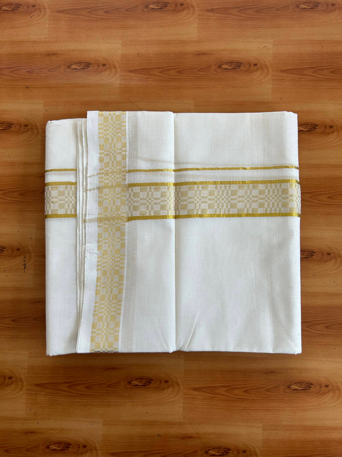 Double Off White (Unbleached) Mund/Dhoti - 20% Discount! KaithariKada Pulimood - Pure Cotton - 80s - 1.5 inch Gold Kasav Jacquard Design Kara 4 mtr (8.5 Muzham) - 4 KK5543 GAN