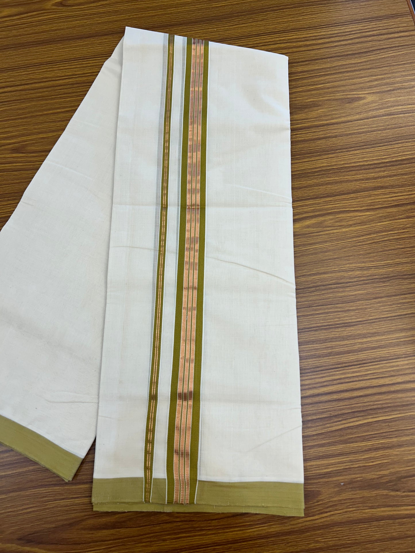 25% Discount ! KaithariKada Handloom Millpaav - Kerala Handloom  - 100% Pure Cotton Off White (Unbleached) Double Mundu/Dothi - 80x90 - 1.5 inch Copper Kasav & Olive Brown Striped Kara 4 Meters (8.5 Muzham) - 2 KK5328 RAM