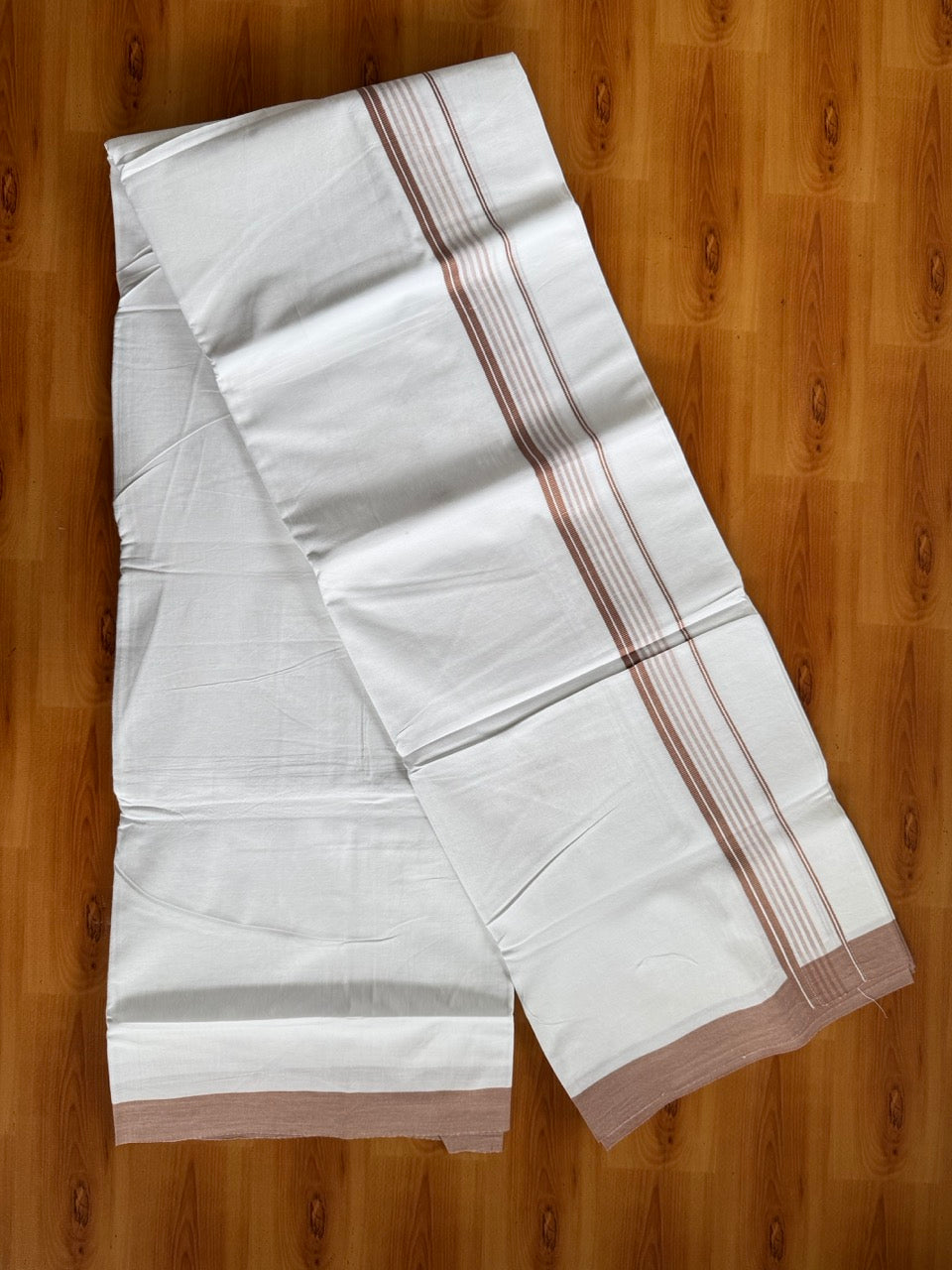 Pure White Double Mundu/Dhoti - 14% Discount ! Kaitharikada Pulimood 100% Cotton  - (40X40) - 1 inch Light Brown Striped Kara 4 mtr (8.5 muzham) - 5 KK5549 SKM