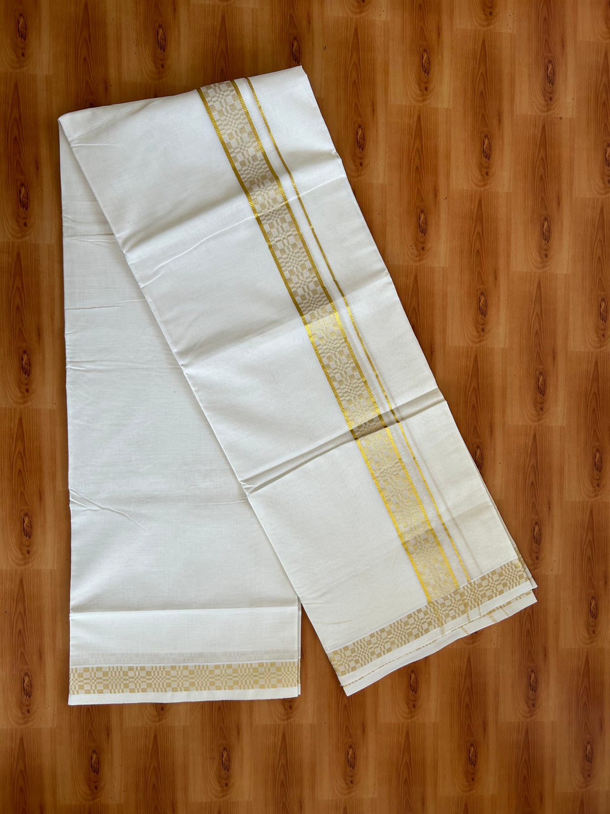 Double Off White (Unbleached) Mund/Dhoti - 20% Discount! KaithariKada Pulimood - Pure Cotton - 80s - 1.5 inch Gold Kasav Jacquard Design Kara 4 mtr (8.5 Muzham) - 4 KK5543 GAN