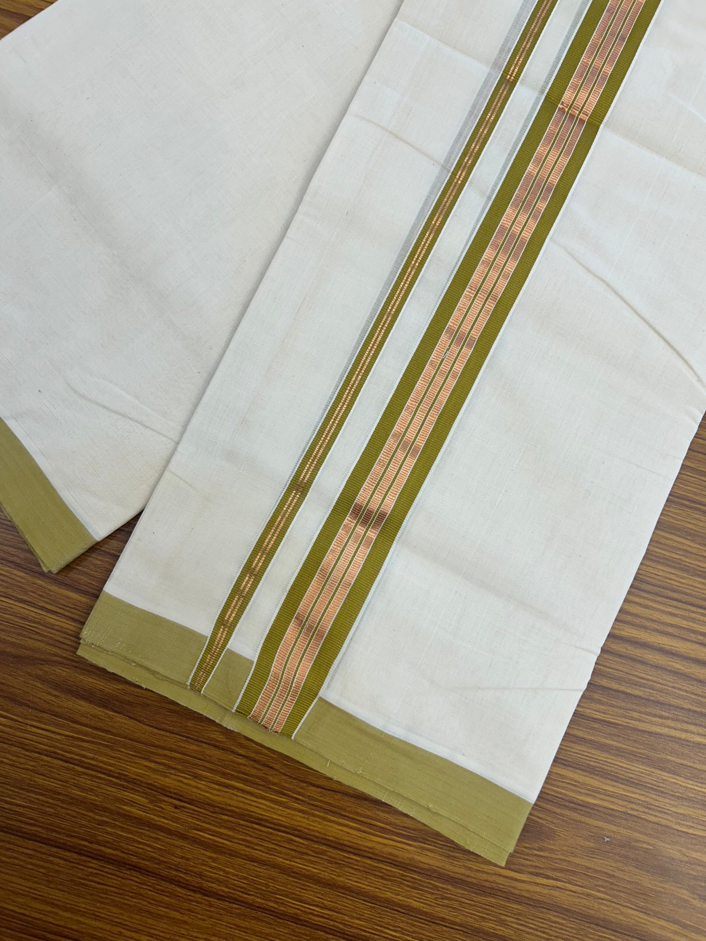 25% Discount ! KaithariKada Handloom Millpaav - Kerala Handloom  - 100% Pure Cotton Off White (Unbleached) Double Mundu/Dothi - 80x90 - 1.5 inch Copper Kasav & Olive Brown Striped Kara 4 Meters (8.5 Muzham) - 2 KK5328 RAM