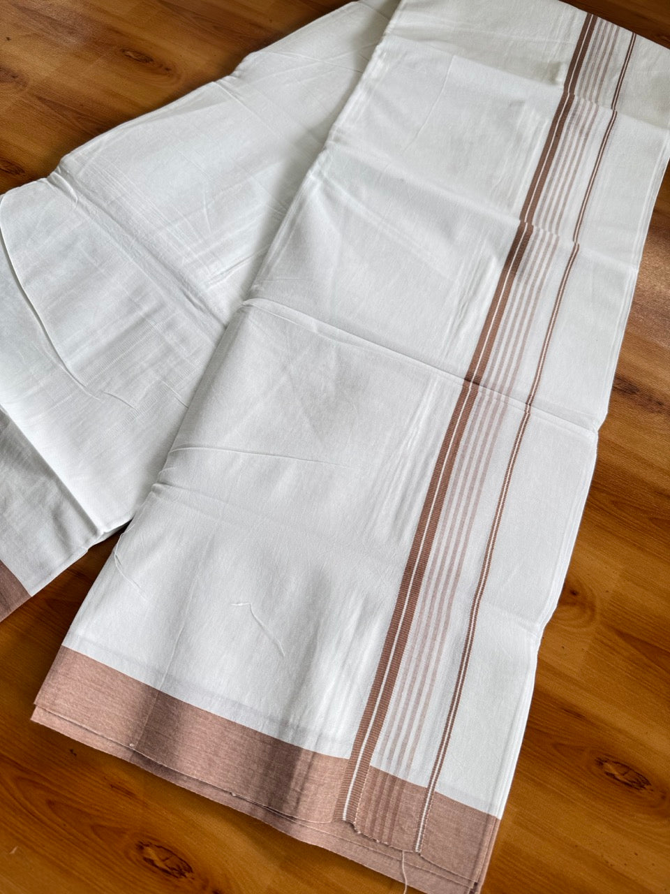 Pure White Double Mundu/Dhoti - 14% Discount ! Kaitharikada Pulimood 100% Cotton  - (40X40) - 1 inch Light Brown Striped Kara 4 mtr (8.5 muzham) - 5 KK5549 SKM