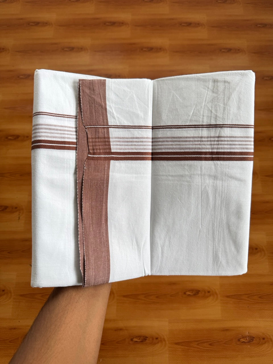 Pure White Double Mundu/Dhoti - 14% Discount ! Kaitharikada Pulimood 100% Cotton  - (40X40) - 1 inch Dark Brown Striped Kara 4 mtr (8.5 muzham) - 6 KK5549 SKM