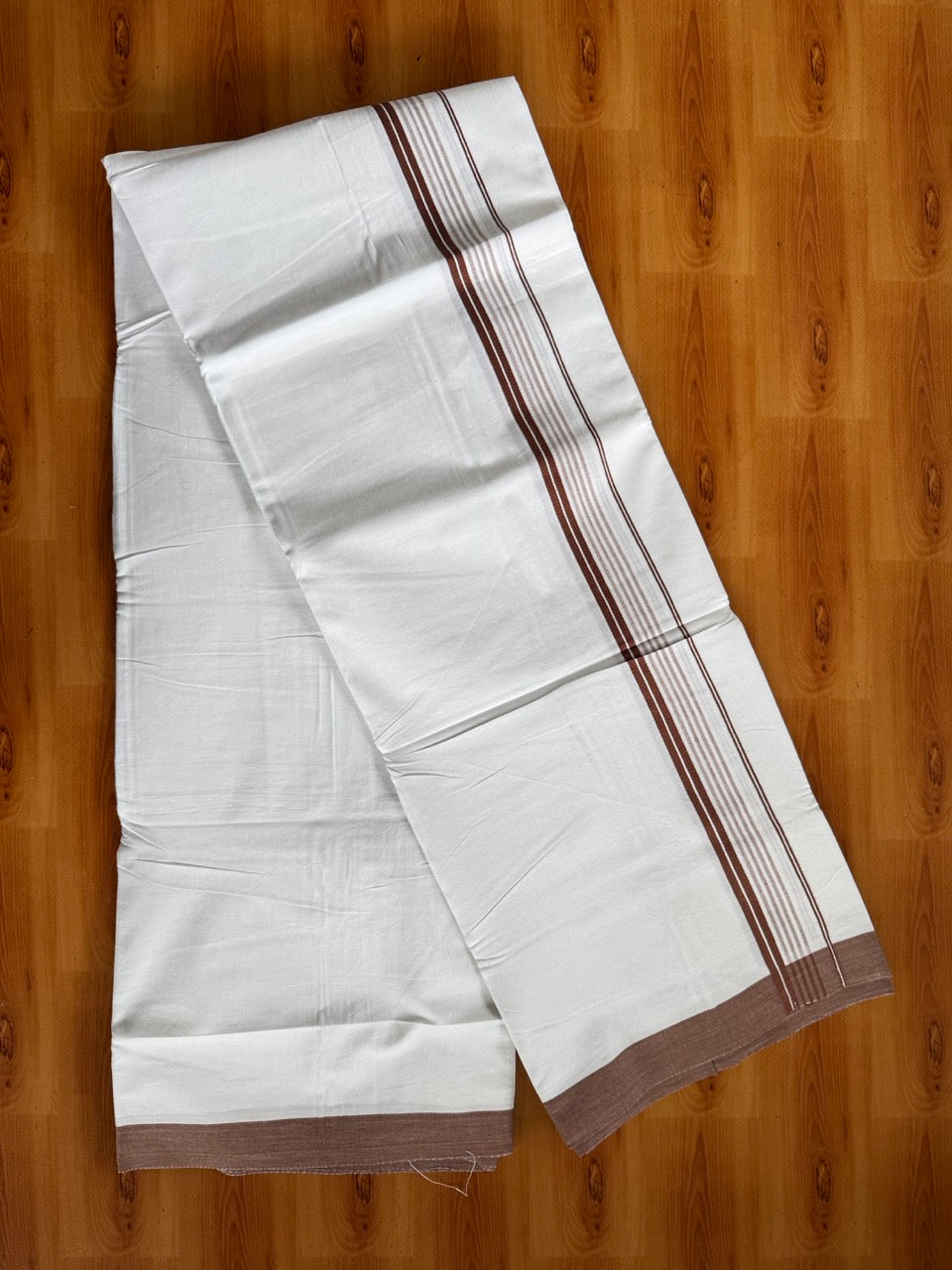 Pure White Double Mundu/Dhoti - 14% Discount ! Kaitharikada Pulimood 100% Cotton  - (40X40) - 1 inch Dark Brown Striped Kara 4 mtr (8.5 muzham) - 6 KK5549 SKM