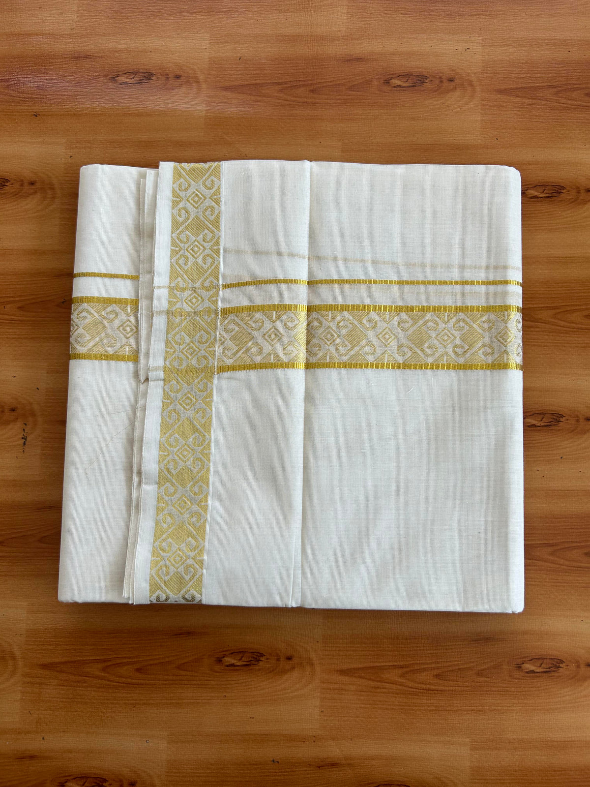 Double Off White (Unbleached) Mund/Dhoti - 20% Discount! KaithariKada Pulimood - Pure Cotton - 80s - 1.5 inch Gold Kasav Jacquard Design Kara 4 mtr (8.5 Muzham) - 3 KK5543 GAN