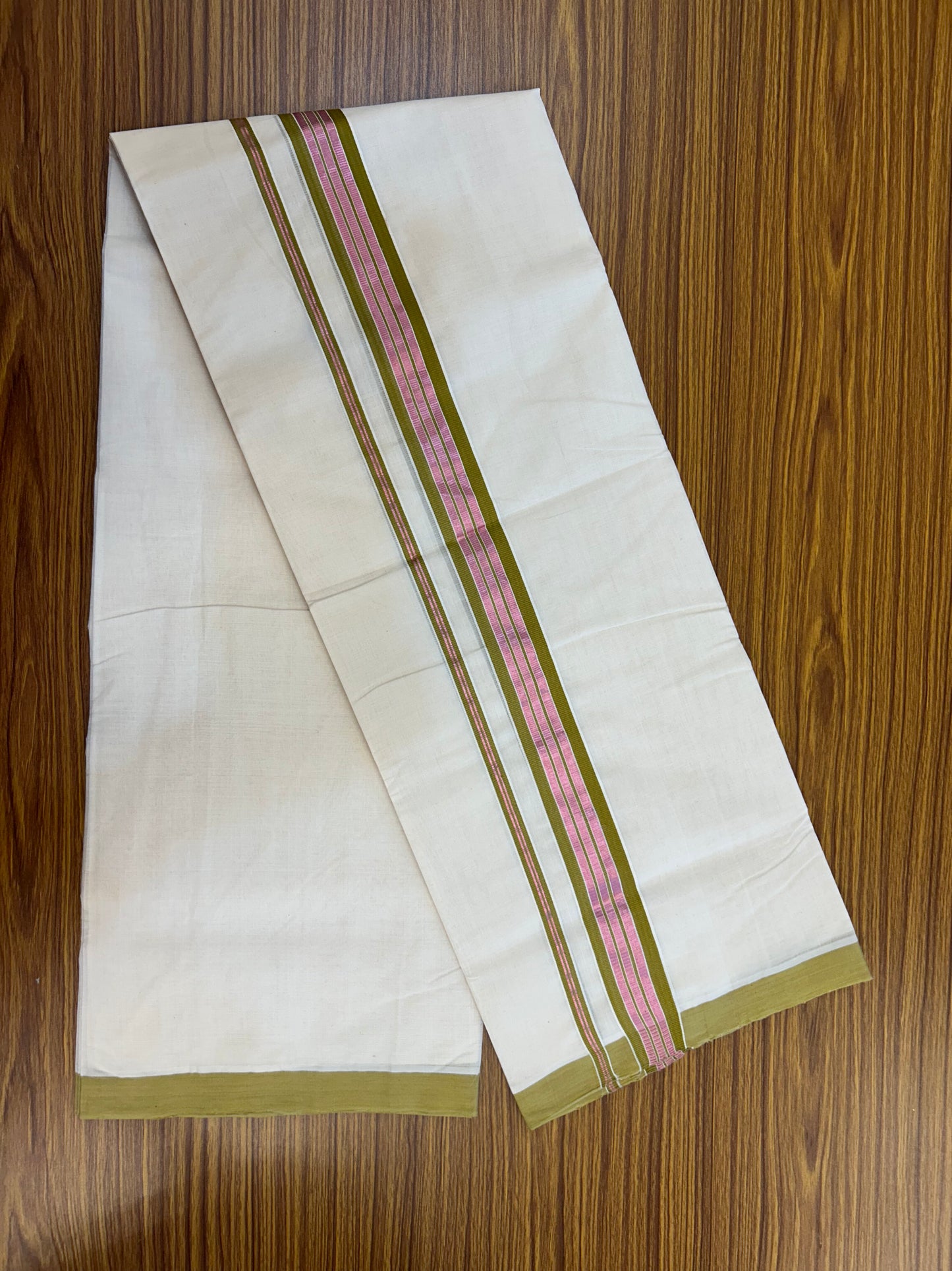 25% Discount ! KaithariKada Handloom Millpaav Balaramapuram - 100% Pure Cotton Off White (Unbleached) Double Mundu/Dothi - 80x90 - 1.75 inch Rose Pink Kasav & Olive Brown Striped Kara 4 Meters (8.5 Muzham) - 4 KK5328 RAM