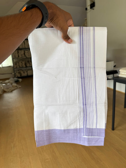 Pure White Double Mundu/Dhoti - 14% Discount ! Kaitharikada Pulimood 100% Cotton  - (40X40) - 1 inch Light Lavender Striped Kara 4 mtr (8.5 muzham) - 7 KK5549 SKM