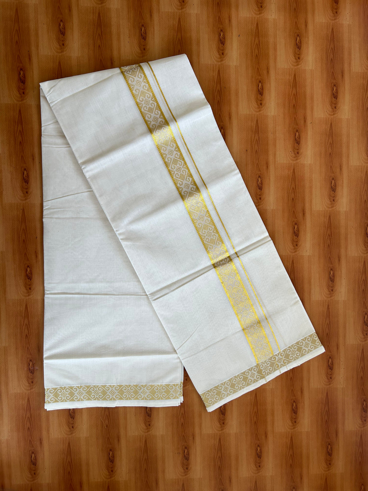 Double Off White (Unbleached) Mund/Dhoti - 20% Discount! KaithariKada Pulimood - Pure Cotton - 80s - 1.5 inch Gold Kasav Jacquard Design Kara 4 mtr (8.5 Muzham) - 3 KK5543 GAN