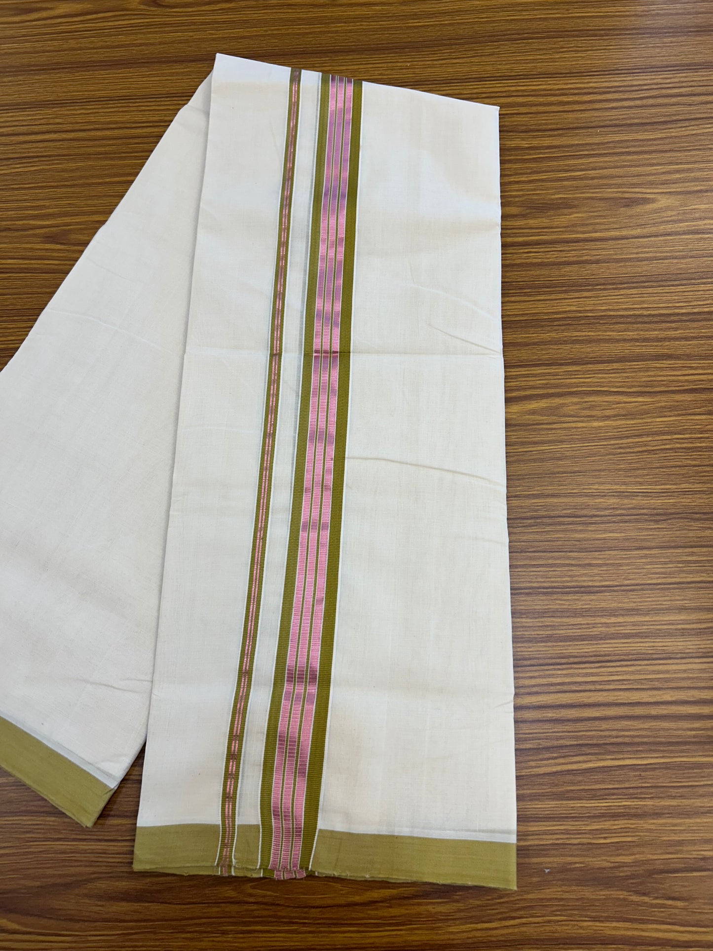 25% Discount ! KaithariKada Handloom Millpaav Balaramapuram - 100% Pure Cotton Off White (Unbleached) Double Mundu/Dothi - 80x90 - 1.75 inch Rose Pink Kasav & Olive Brown Striped Kara 4 Meters (8.5 Muzham) - 4 KK5328 RAM