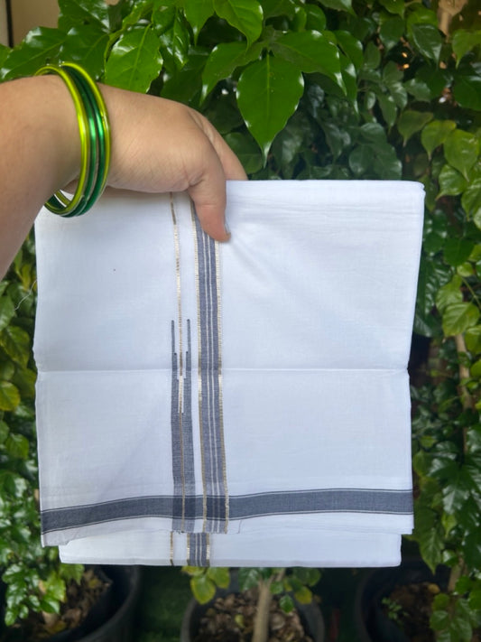 20% DISCOUNT!! Kaitharikada Balaramapuram 100% Pure Cotton PURE WHITE Double Mundu/Dothi - 100x80 - 0.75 Inch Navy Blue & Silver shaded Stripes Puliyilakkara Chutty - 52KK5217 CKS