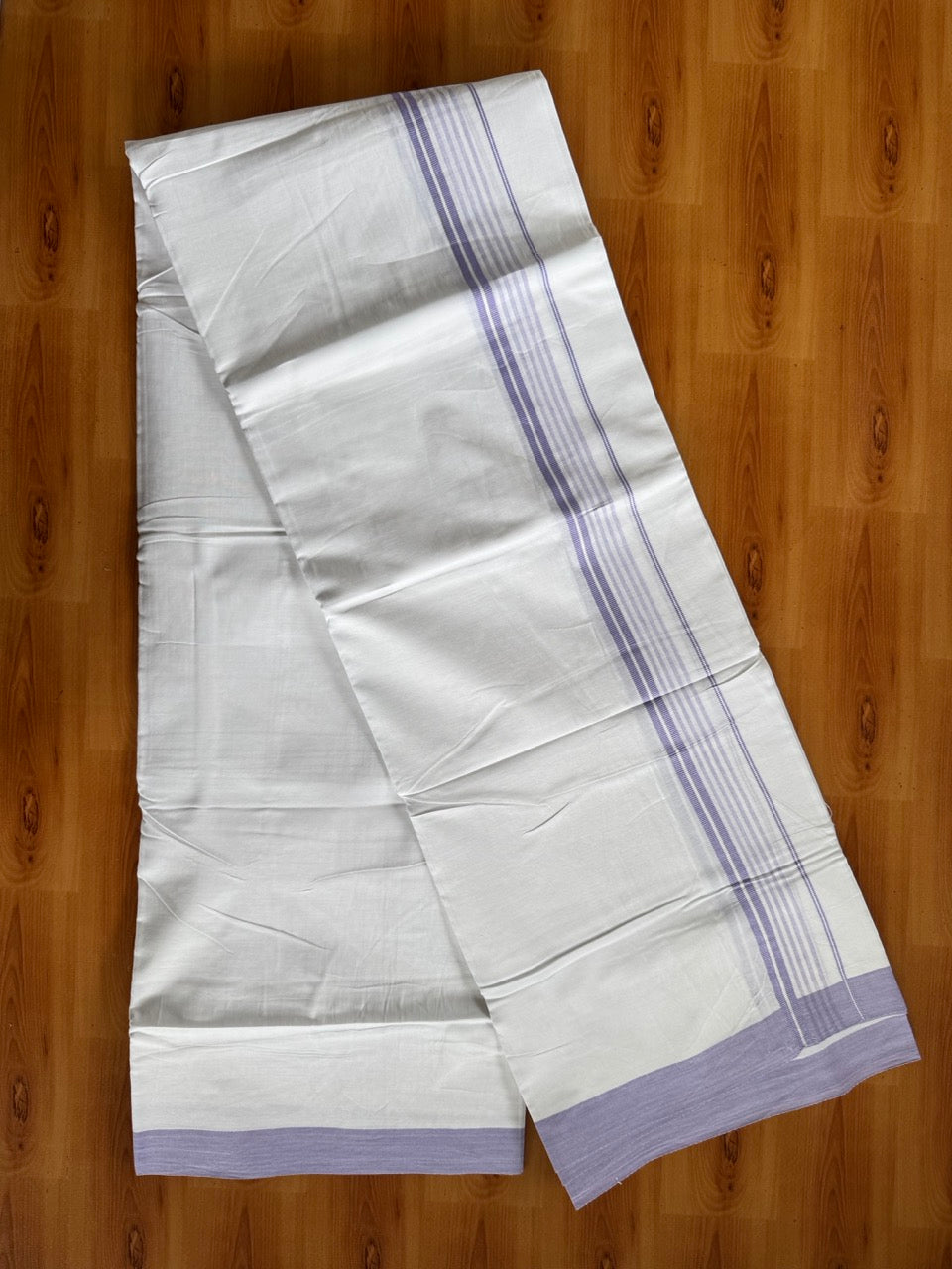 Pure White Double Mundu/Dhoti - 14% Discount ! Kaitharikada Pulimood 100% Cotton  - (40X40) - 1 inch Light Lavender Striped Kara 4 mtr (8.5 muzham) - 7 KK5549 SKM
