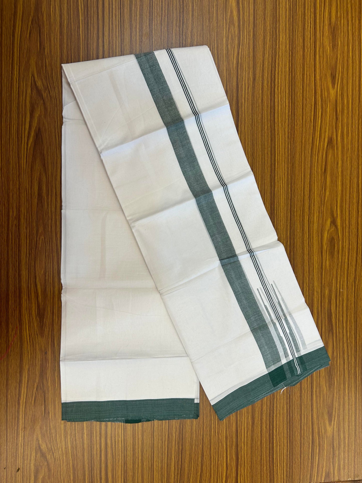 20% Discount! KaithariKada Balaramapuram 100% Cotton Double Pure white Mundu/Dhoti- 60s - 1.25 inch Green Shaded Stripes Chutty Kara - Between3.80-3.95m (8 muzham) - 49 KK5355 CKS