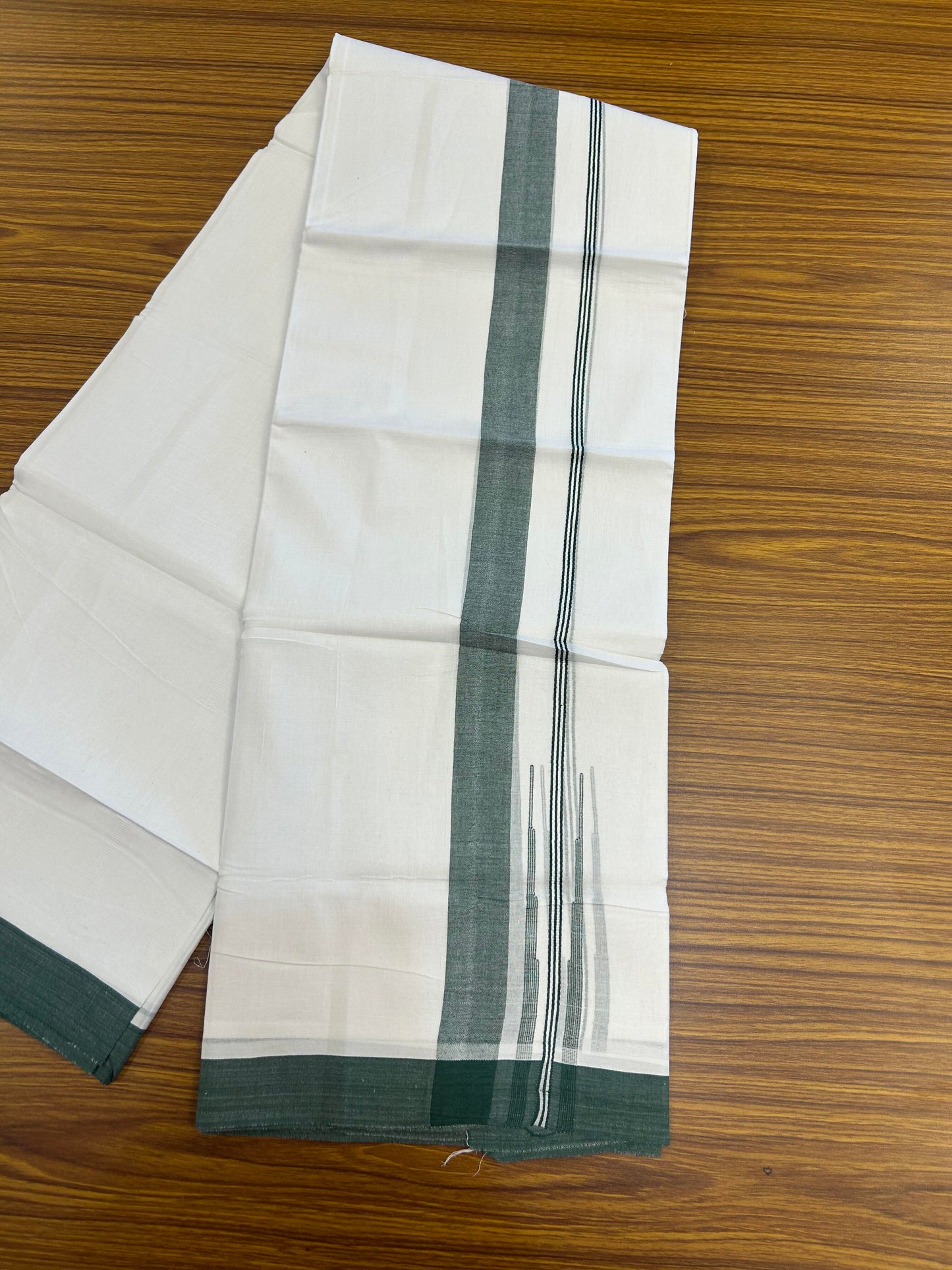 20% Discount! KaithariKada Balaramapuram 100% Cotton Double Pure white Mundu/Dhoti- 60s - 1.25 inch Green Shaded Stripes Chutty Kara - Between3.80-3.95m (8 muzham) - 49 KK5355 CKS